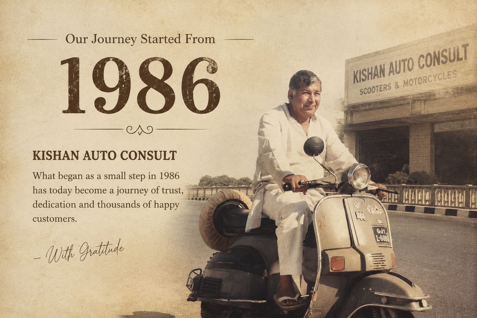Kishan Auto Consult founder on his scooter outside the original Dariyapur shopfront, Ahmedabad, 1986